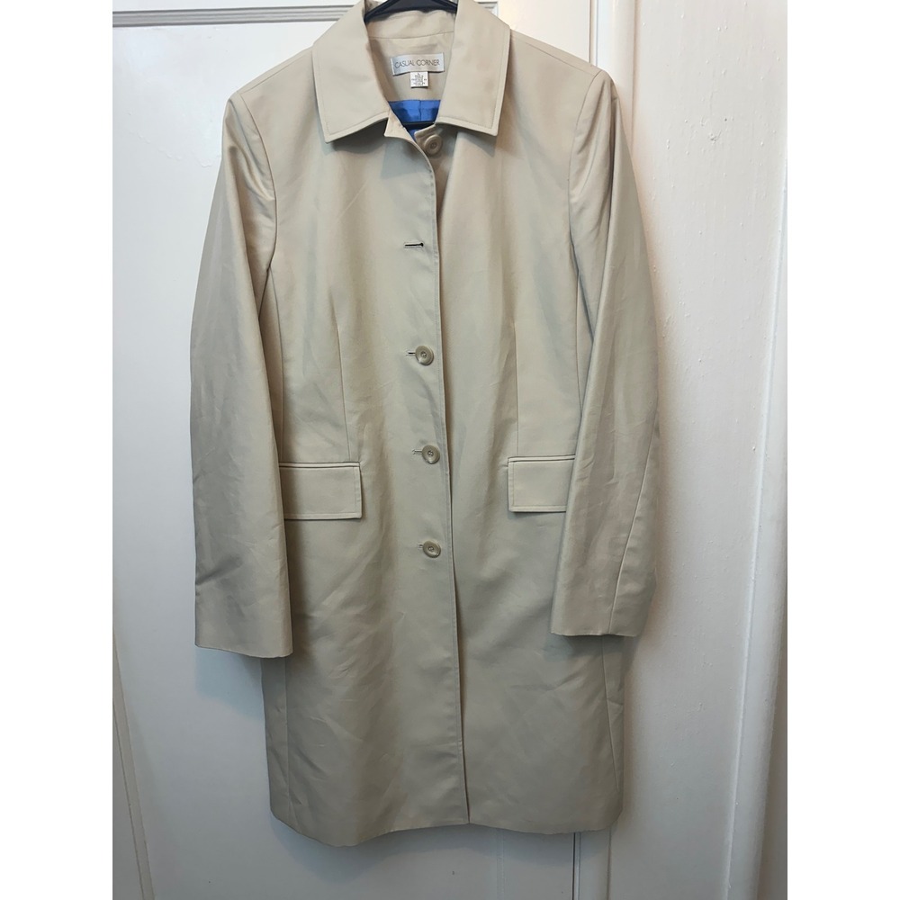Casual Corner Womens Beige Trench Coat Blue Lining Cotton Blend Car Coat Size L